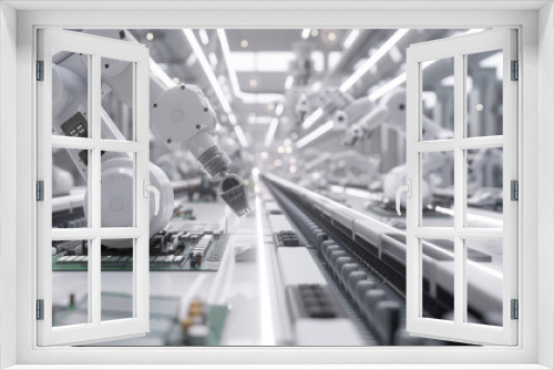 an advanced technology production line with robotic arms working on electronic components