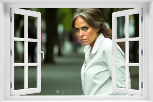 A woman in a white shirt is standing on the street looking at the camera with a serious expression