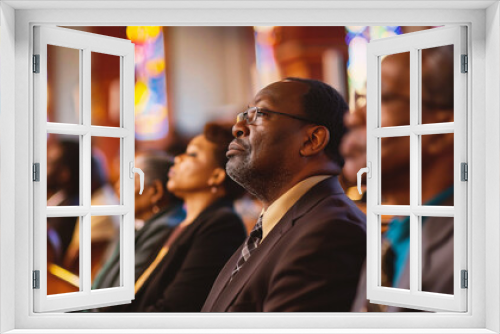 Side view of an African-American man sitting in a church during a religious conference