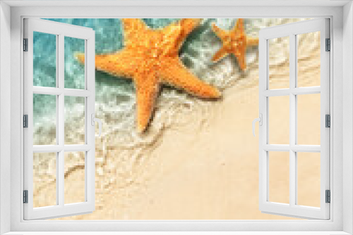 Fototapeta Naklejka Na Ścianę Okno 3D - Starfish on the summer beach in sea water. Summer background.