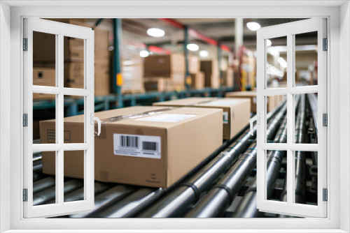 Cardboard boxes on conveyor rollers ready to be shipped by courier for distribution