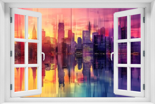 : Modern city skyline, sunset, reflective buildings; add personal touch