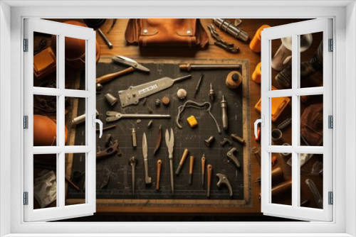 Vintage Workshop Tools Arrangement on Wooden Table