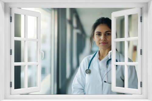 Confident female doctor with a stethoscope standing by the hospital window, embodying professionalism and calm