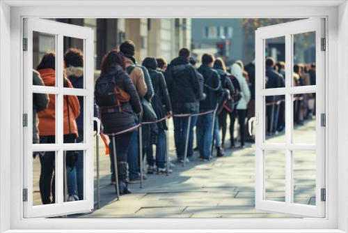 A photography of long queue of people outside 
