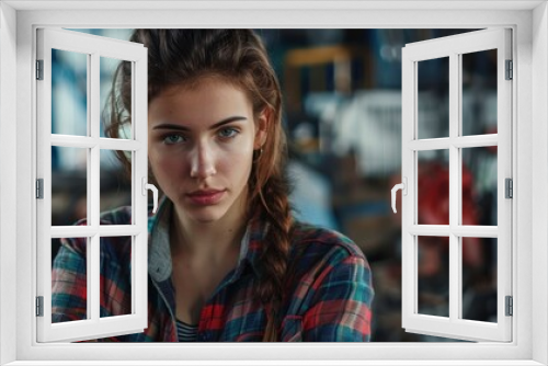 The concept of small business, feminism and women's equality. A young woman in working clothes posing in front of a car workshop