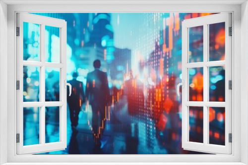 Charting Success: Harnessing Market Insights. A stock market graph and business people in motion on a double exposure background, with a blurred world map