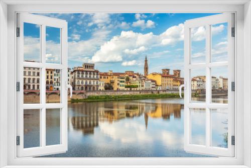 Fototapeta Naklejka Na Ścianę Okno 3D - View of Ponte Vecchio with reflections in Arno River, Florence,