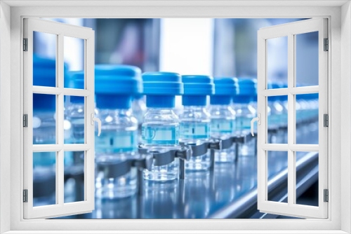 Pharmaceutical bottles are neatly lined up on a conveyor belt at a pharmaceutical production facility