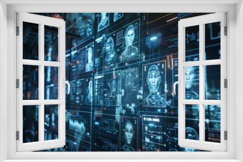 A surveillance system dashboard showing multiple faces being scanned and identified, law enforcement theme