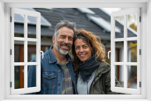 Happy Mature Couple in Front of Their Eco-Friendly Home with Solar Panels