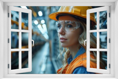 Thoughtful young female engineer with safety equipment inside a factory