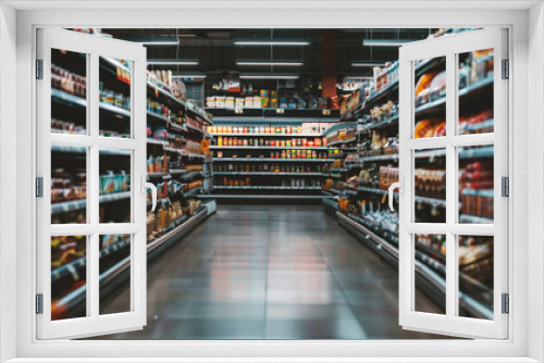 Supermarket aisle with shelves full of food and beverages. Blurred background