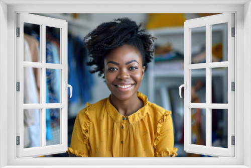 Happy positive clothes store owner smiling at the camera with jackets on background. Successful African-American professional entrepreneur woman running a small business