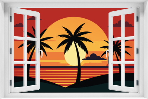Fototapeta Naklejka Na Ścianę Okno 3D - Palmetto Summer Sunset vector, Palm tree on abstract tropical print. Orange silhouette