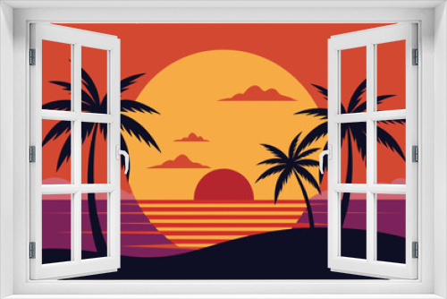 Fototapeta Naklejka Na Ścianę Okno 3D - Palmetto Summer Sunset vector, Palm tree on abstract tropical print. Orange silhouette