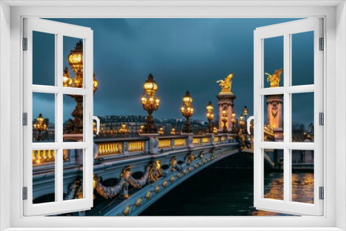 Picturesque Famous alexander bridge in France. Ancient historical monument with street lights watercolor. Generate ai