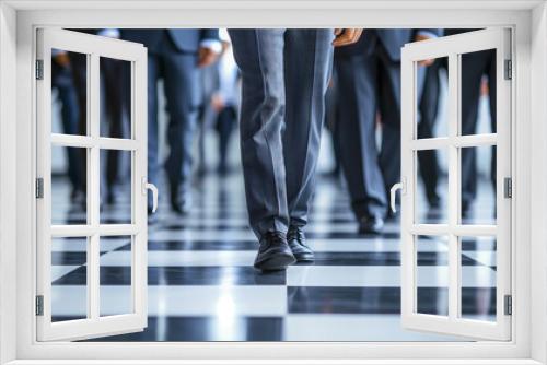 Leadership in Action: Businessmen Leading Forward in Blue Suits on Checkered Floor