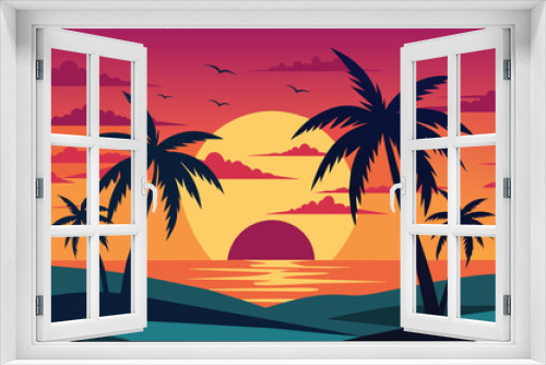 Fototapeta Naklejka Na Ścianę Okno 3D - Summer tropical background with palms and sunset vector