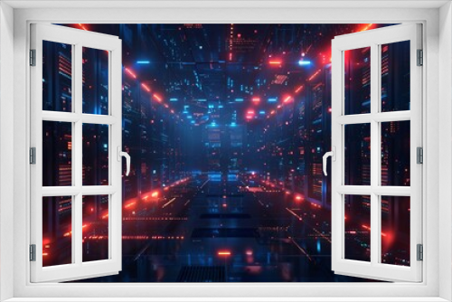 Neon-Lit Data Center Network Corridor