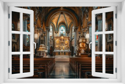 Historic Chapel Interior Highlighting Golden Altar and Stained Windows