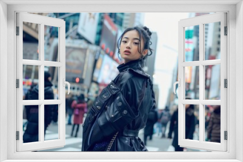 Chic Asian model strikes a pose on a bustling city crosswalk, her avant-garde outfit popping against the urban backdrop