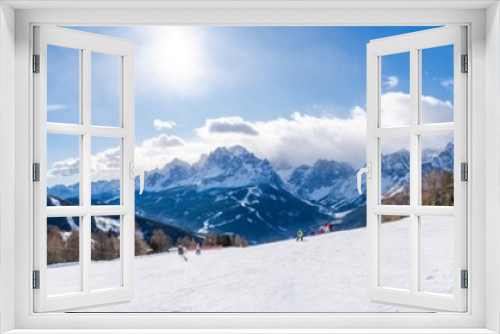 Fototapeta Naklejka Na Ścianę Okno 3D - Wide panoramic view of winter landscape with snow covered Dolomites in Kronplatz, Italy