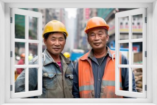 two men in construction gear standing in a city with buildings in the background