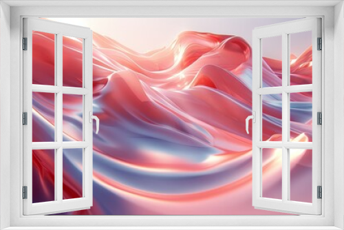   A red and white wave of liquid flows against a blue and pink backdrop with the sun in the background, as seen in this computer-generated image