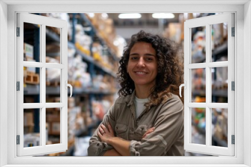 A joyful young woman stands with arms crossed in a warehouse, exuding friendliness and confidence