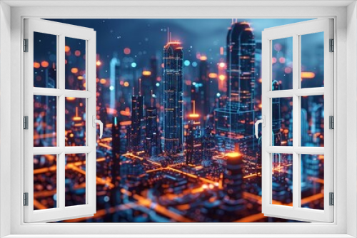A futuristic cityscape with holographic charts and graphs