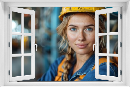 Female industrial worker with a safety helmet posing confidently in a factory