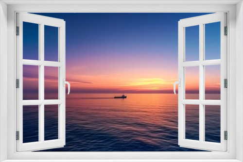 A vast expanse of ocean under the twilight sky, with distant ships sailing on it. This wide-angle photograph highlights the beauty of nature's tranquility, commercial activity at dusk. For Design, PPT