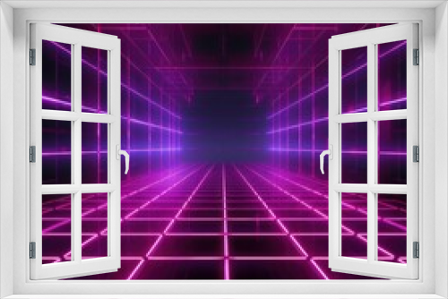 magenta light grid on dark background central perspective, futuristic retro style with copy space for design text photo backdrop