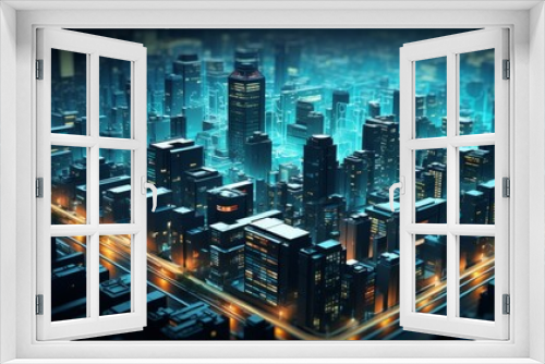 3d motherboard components form cityscape in black and neon turquoise abstract background