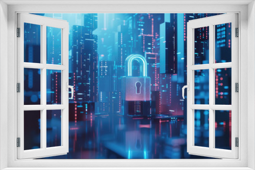 Abstract digital padlock on dark background with copy space. Cyber security concept banner, guarding computing systems against fraud and protecting privacy data
