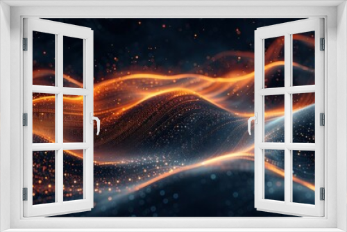 High-tech background with flowing lines and stars, Dark indigo and orange, Data visualization.