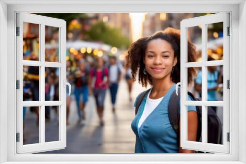 A smiling young woman wearing a sweater looking at camera on a busy city street. Shallow depth of field.