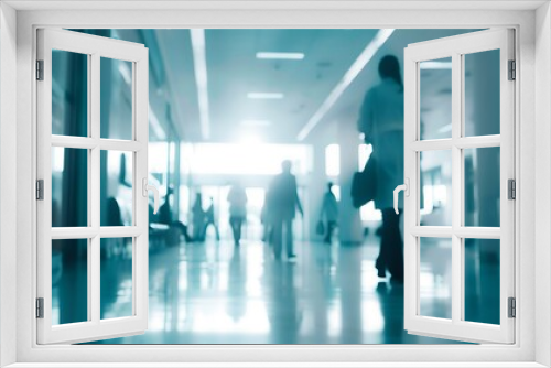 Abstract Blur of People in a Modern Office Building, Unrecognizable Workers Walking in a Hallway, Conceptual Representation of a Busy Corporate Environment. AI