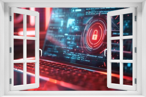 Holographic cybersecurity lock on laptop screen, futuristic approach to data protection, detailed in 4k