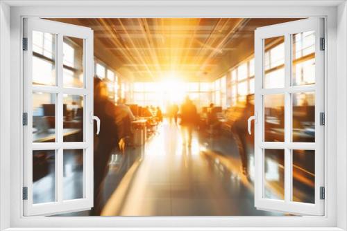 Blurred background of a modern open space office with business people working on computers in blurred motion
