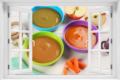 Fototapeta Naklejka Na Ścianę Okno 3D - Baby food. Different purees in bowls, fresh ingredients, toy and soother on white wooden table