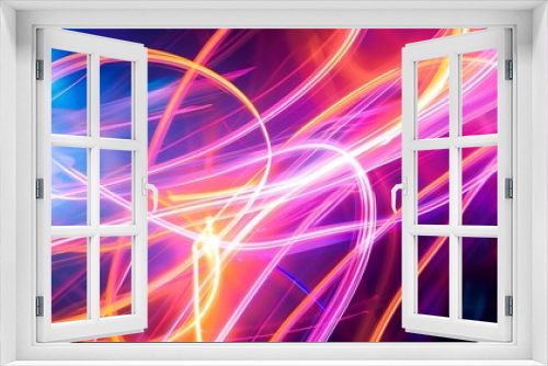 Abstract pattern of neon light streaks with lens flare effect against a black background