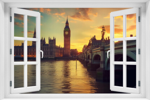 A magnificent bridge spans over the tranquil water, with a majestic clock tower in the distant background against a backdrop of a colorful dusk sky