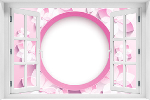 Fototapeta Naklejka Na Ścianę Okno 3D - Round frame with 3d pink sakura, greeting card