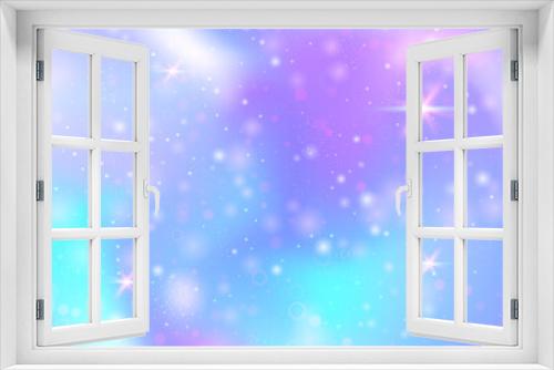 Fototapeta Naklejka Na Ścianę Okno 3D - Magic background with rainbow mesh. Mystical universe banner in princess colors. Fantasy gradient backdrop with hologram. Holographic magic background with fairy sparkles, stars and blurs.