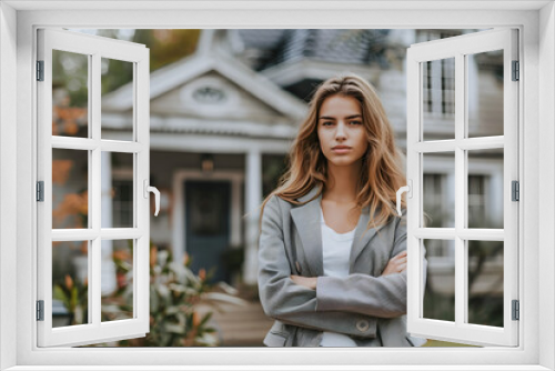 Real estate office cheerful woman, the woman is standing in front of a house in gray suit