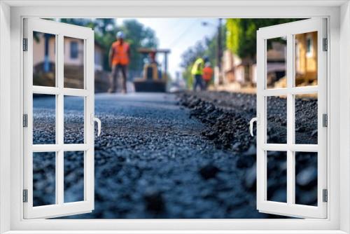 Revitalizing Roads Workers Lay New Asphalt Pavement in Residential Area