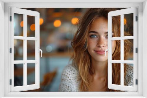 Image of young beautiful joyful woman smiling while working with laptop in office.