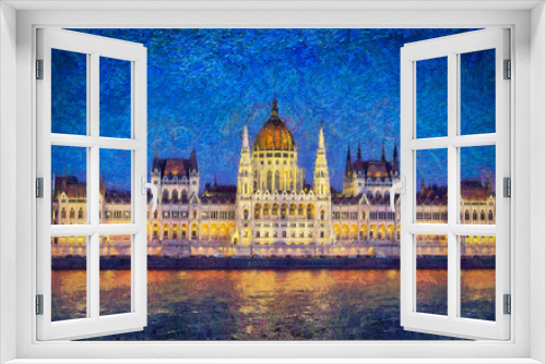 Fototapeta Naklejka Na Ścianę Okno 3D - Night view of the brightly illuminated parliament building in Budapest, Hungary. Impressionist oil painting, digital imitation.